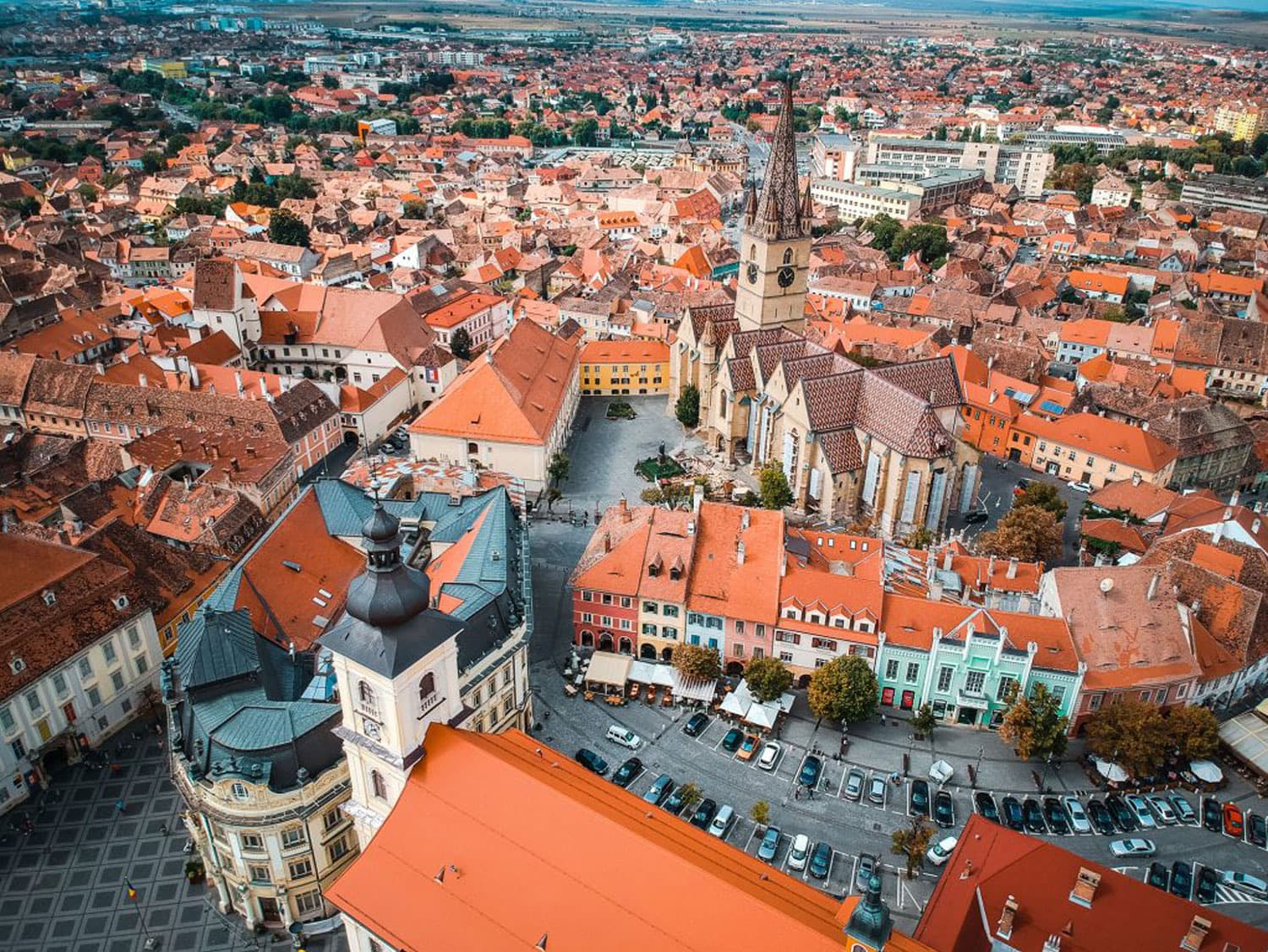 An aerial view over Sibiu's old town